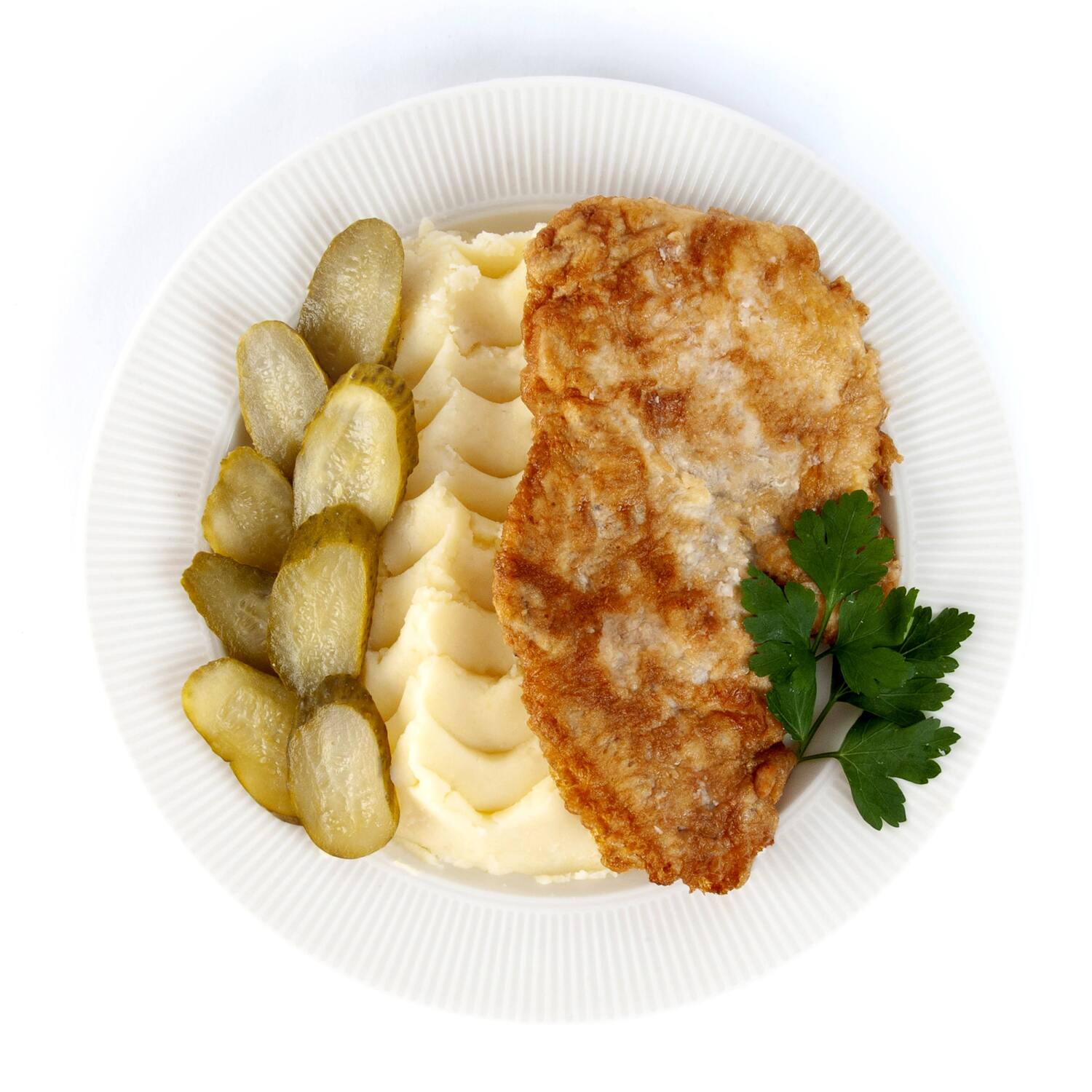 Snitel de pui cu piure de cartofi si castraveti murati 430GR